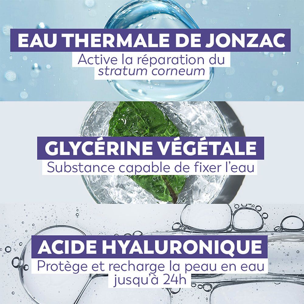 Graphique avec texte: Eau Thermale de Jonzac, Glycérine Végétale, Acide Hyaluronique. Ingrédients pour la peau.