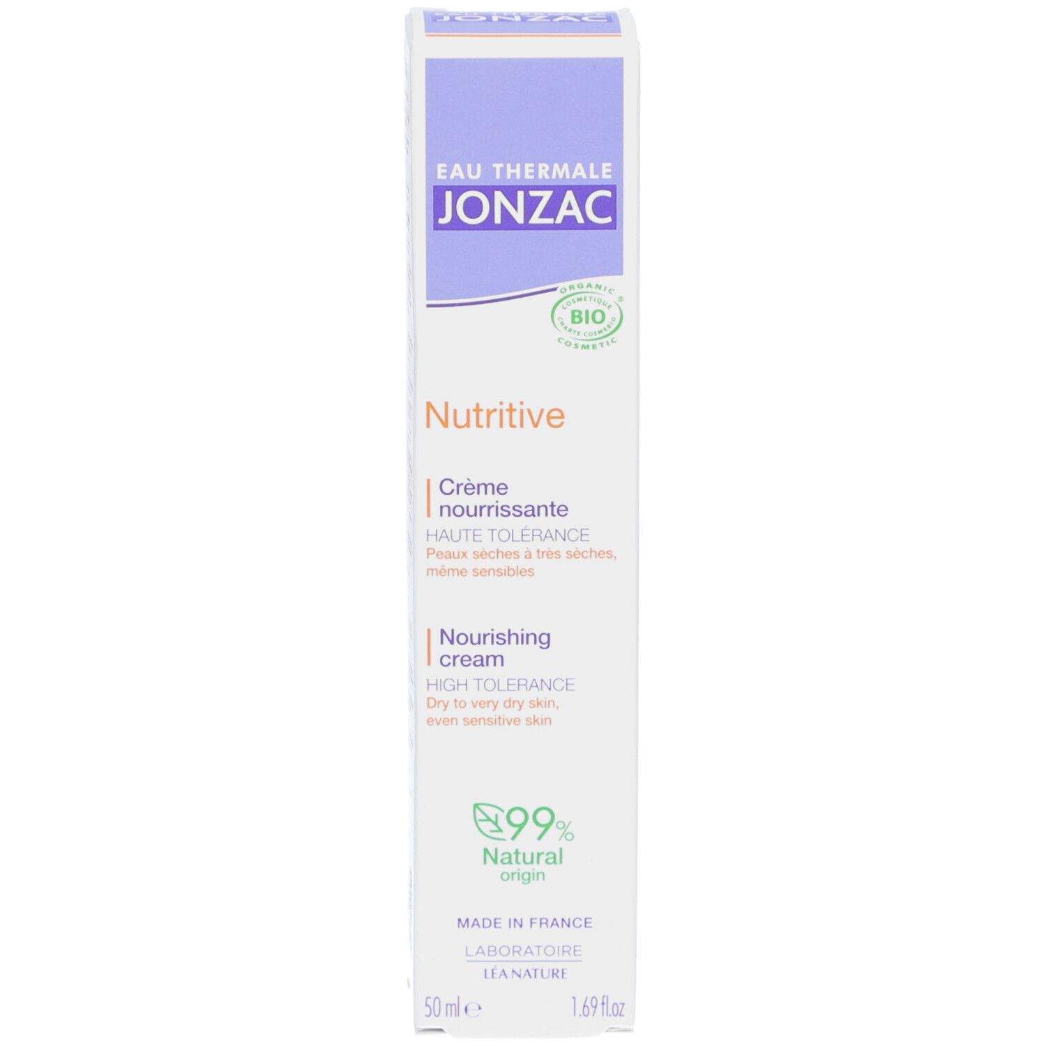 Emballage carton. Inscriptions: Eau Thermale Jonzac, Nutritive, Crème nourrissante, 99% Natural Origin. Pour peaux sèches.