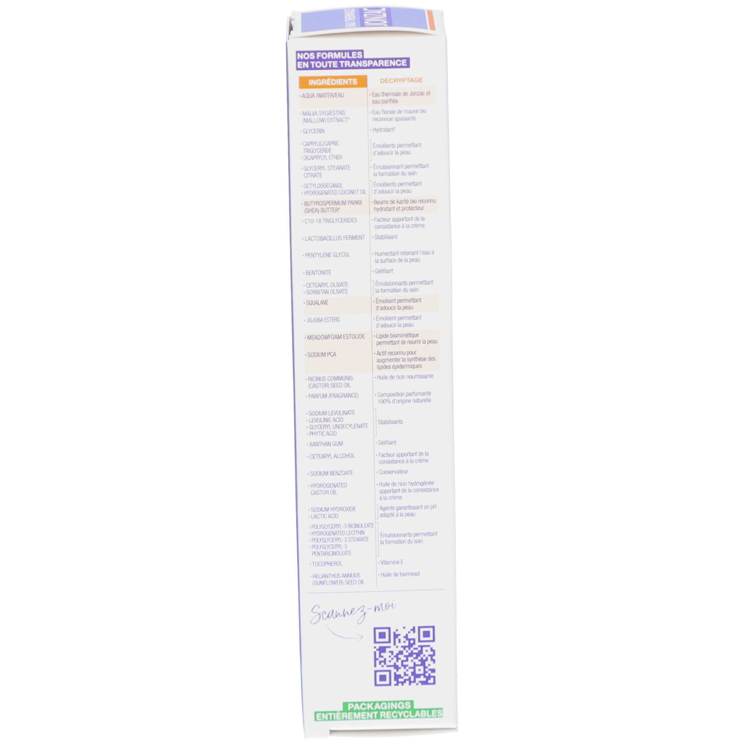 Dos de l'emballage carton. Texte multilingue. Contient des informations sur les ingrédients.
