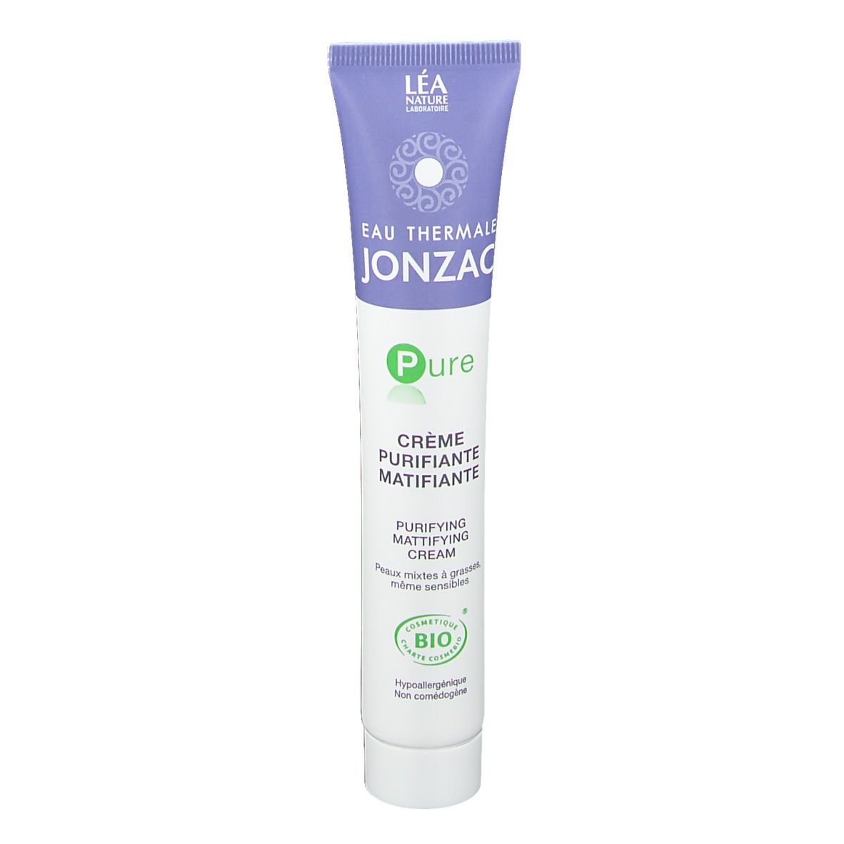 Tube mit lila Deckel. Aufschrift: Eau Thermale Jonzac, Pure, Crème purifiante matifiante. Bio-Siegel.