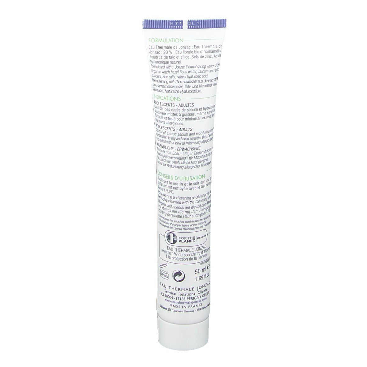 Rückseite der Tube. Text: Formel, Inhaltsstoffe, Anwendungshinweise. Aufschrift: Eau Thermale Jonzac. 50 ml.