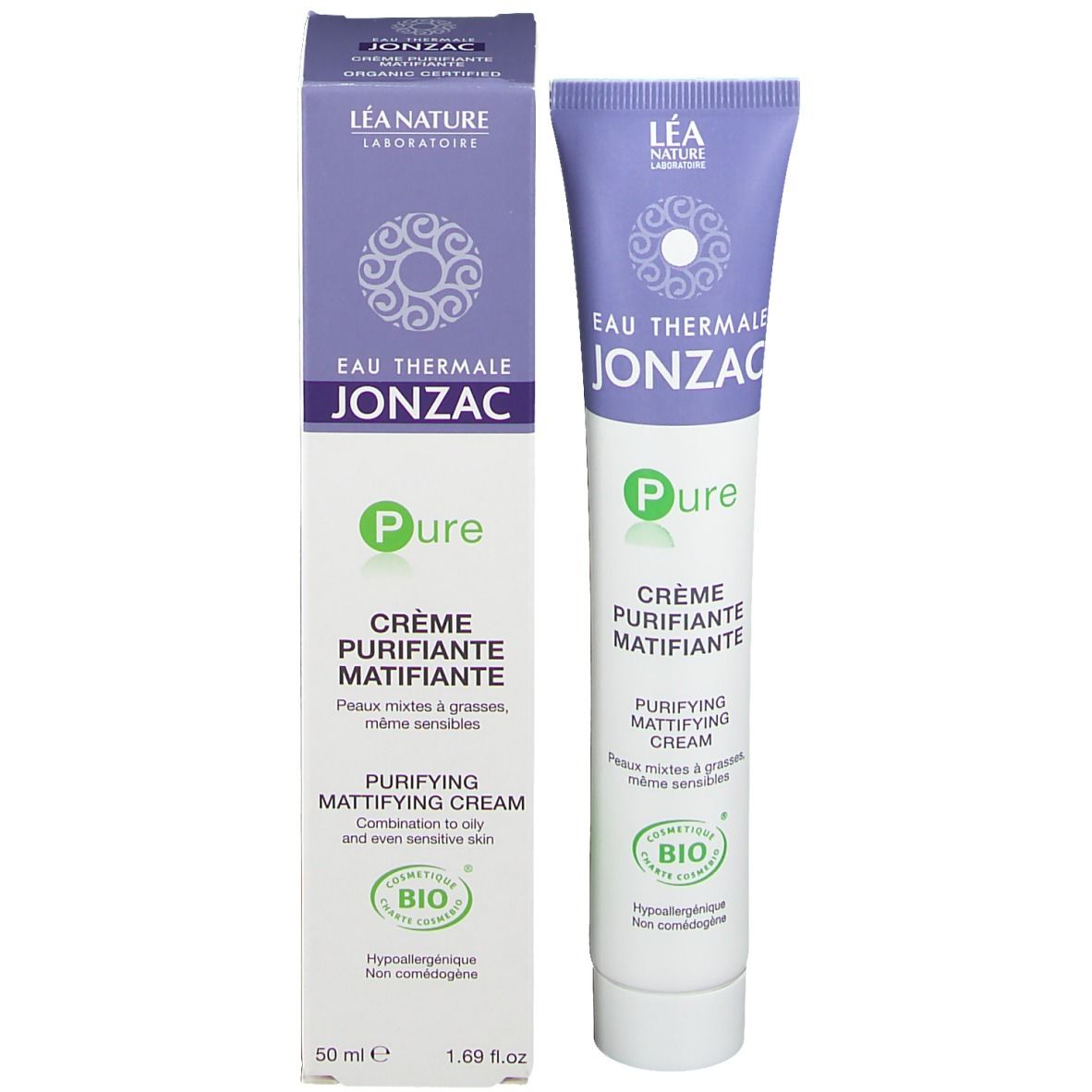 Kartonverpackung mit Tube. Aufschrift: Eau Thermale Jonzac, Pure, Crème purifiante matifiante. Bio-Siegel.
