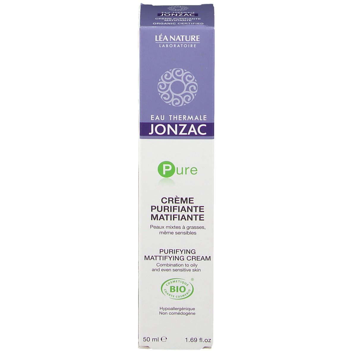 Kartonverpackung. Aufschrift: Eau Thermale Jonzac, Pure, Crème purifiante matifiante. Bio-Siegel. 50 ml.