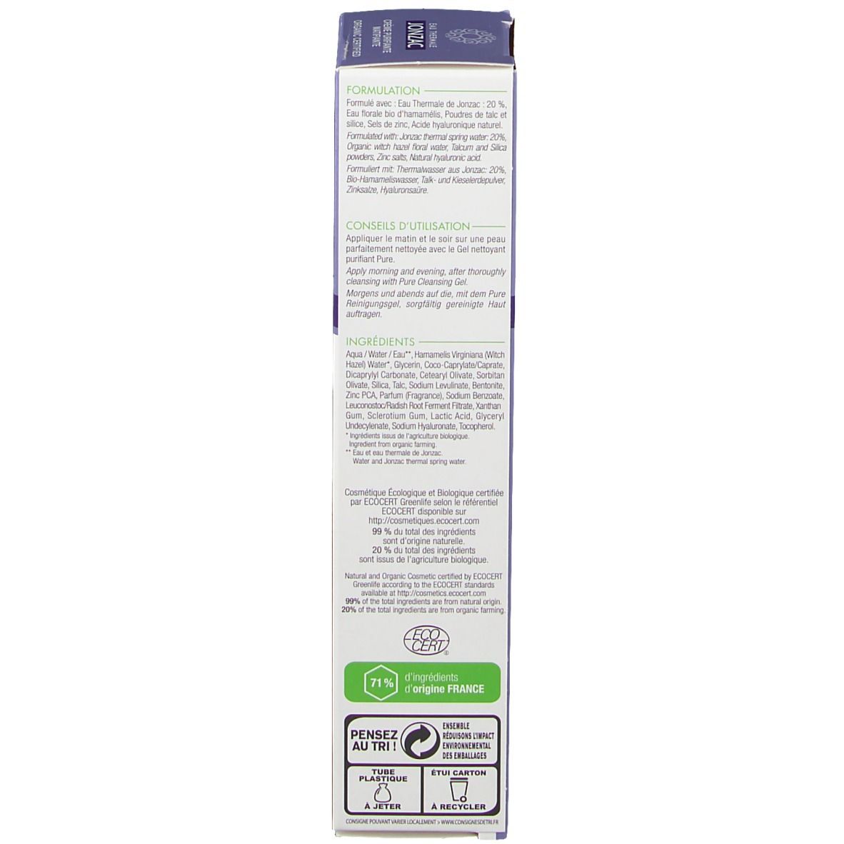 Rückseite der Kartonverpackung. Text: Formel, Anwendungshinweise, Inhaltsstoffe. Bio-Siegel. 71% Inhaltsstoffe natürlich.