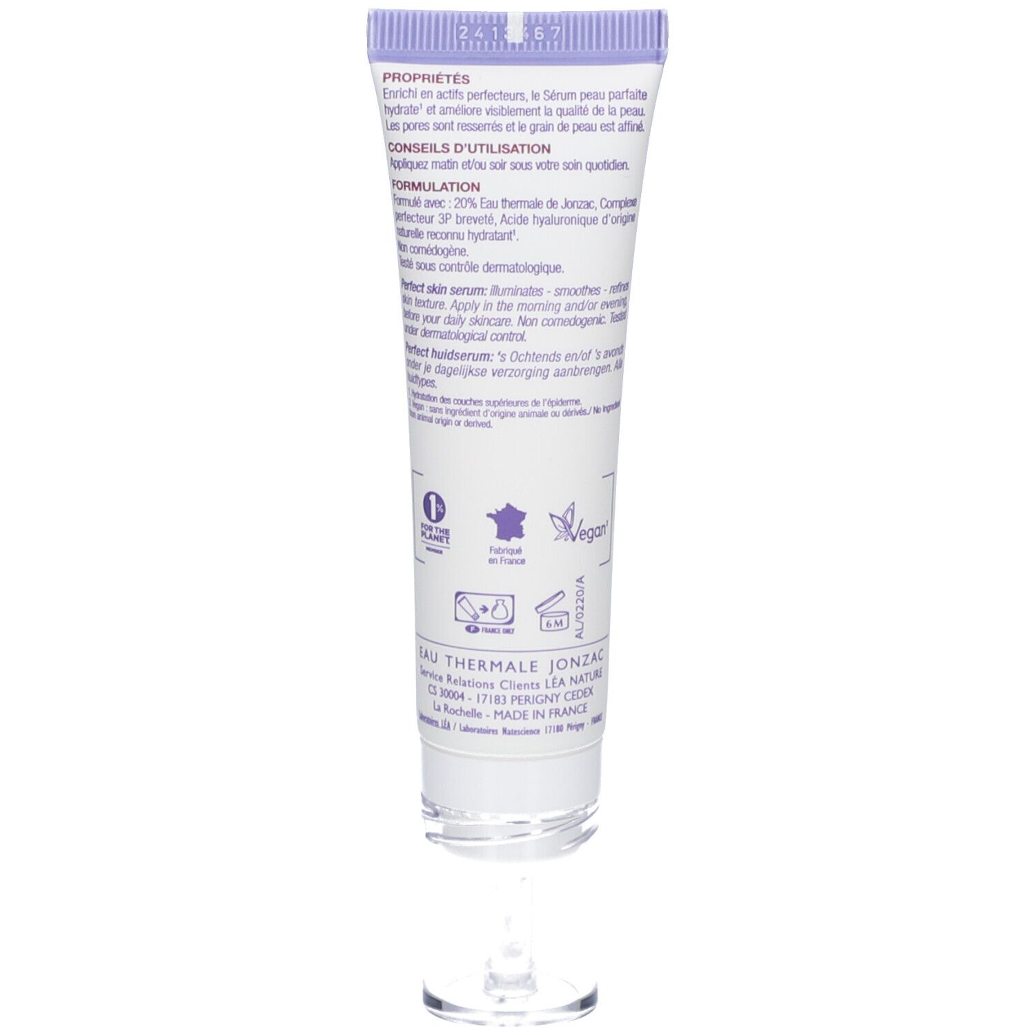 Tube de crème Eau Thermale Jonzac. Certification bio. Bouchon transparent.