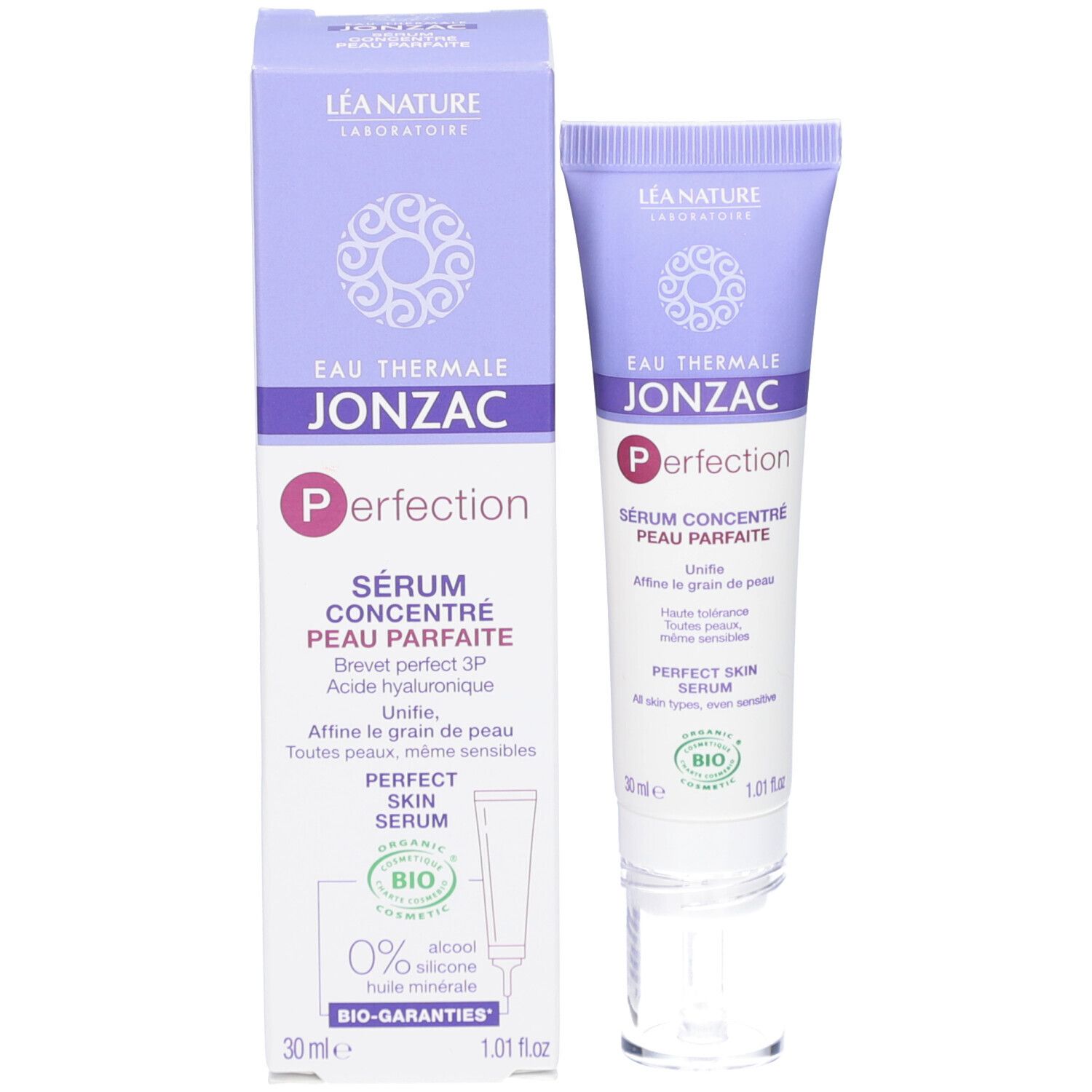 Boîte avec tube de crème. Eau Thermale Jonzac. Certification bio. 0% alcool, silicone, huile minérale.