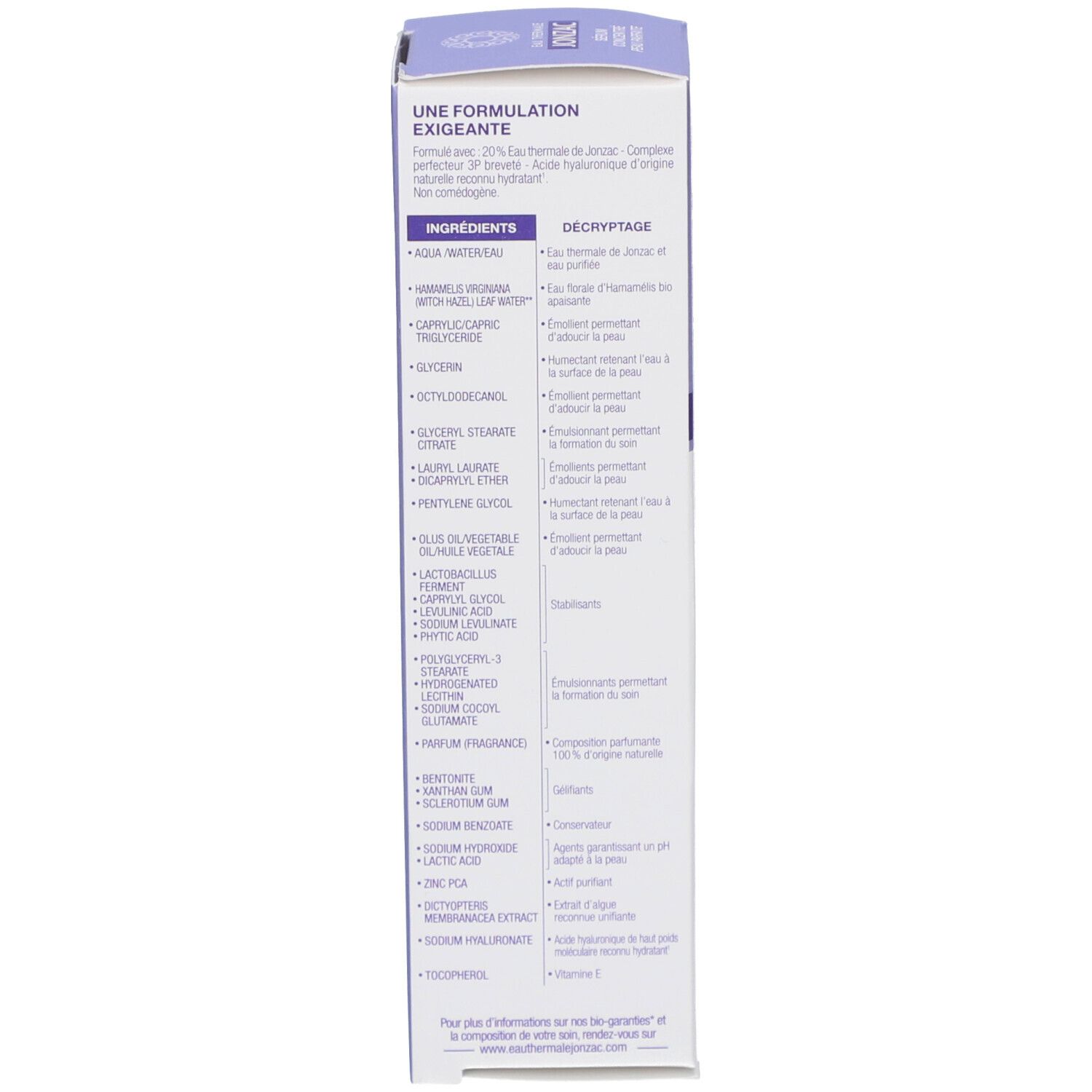 Boîte avec texte et ingrédients. Inscription Eau Thermale Jonzac. Certification bio.
