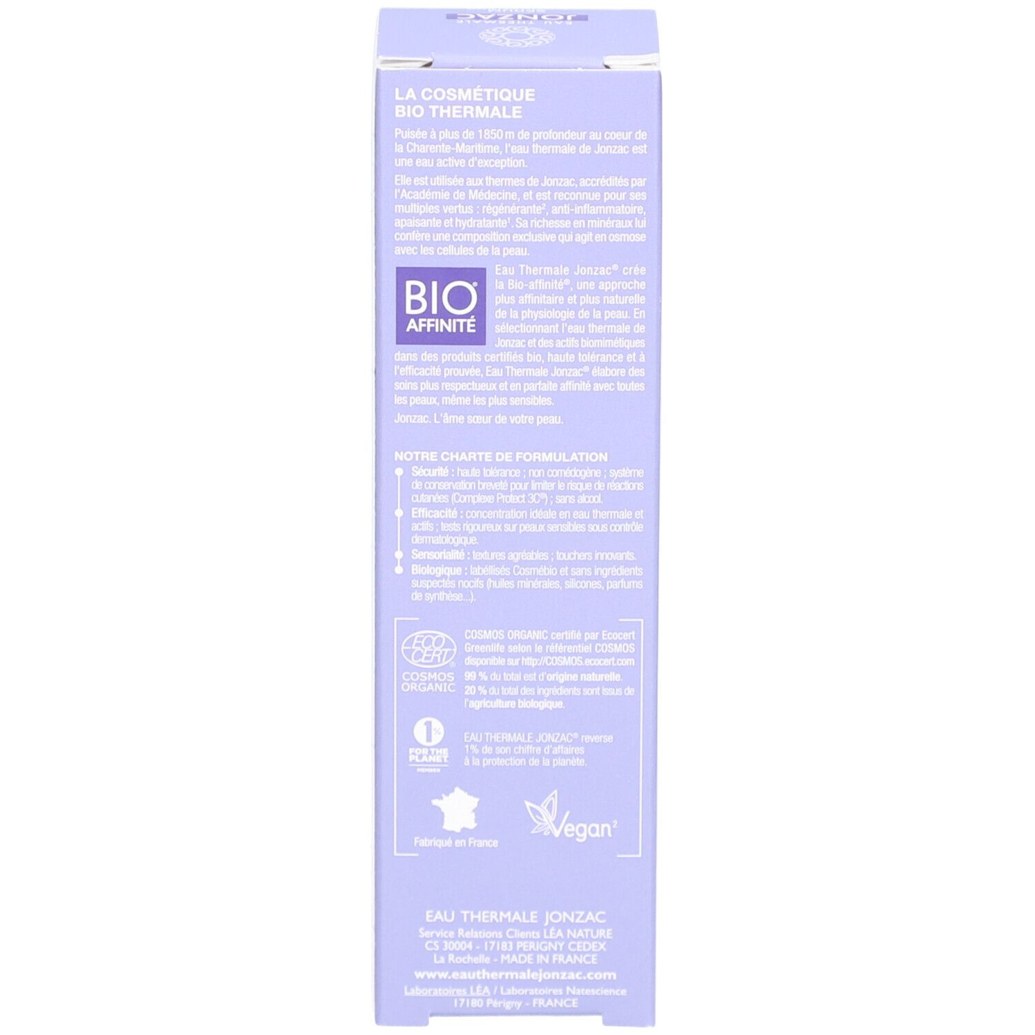 Boîte avec texte et logo. Inscription Eau Thermale Jonzac. Certification bio.