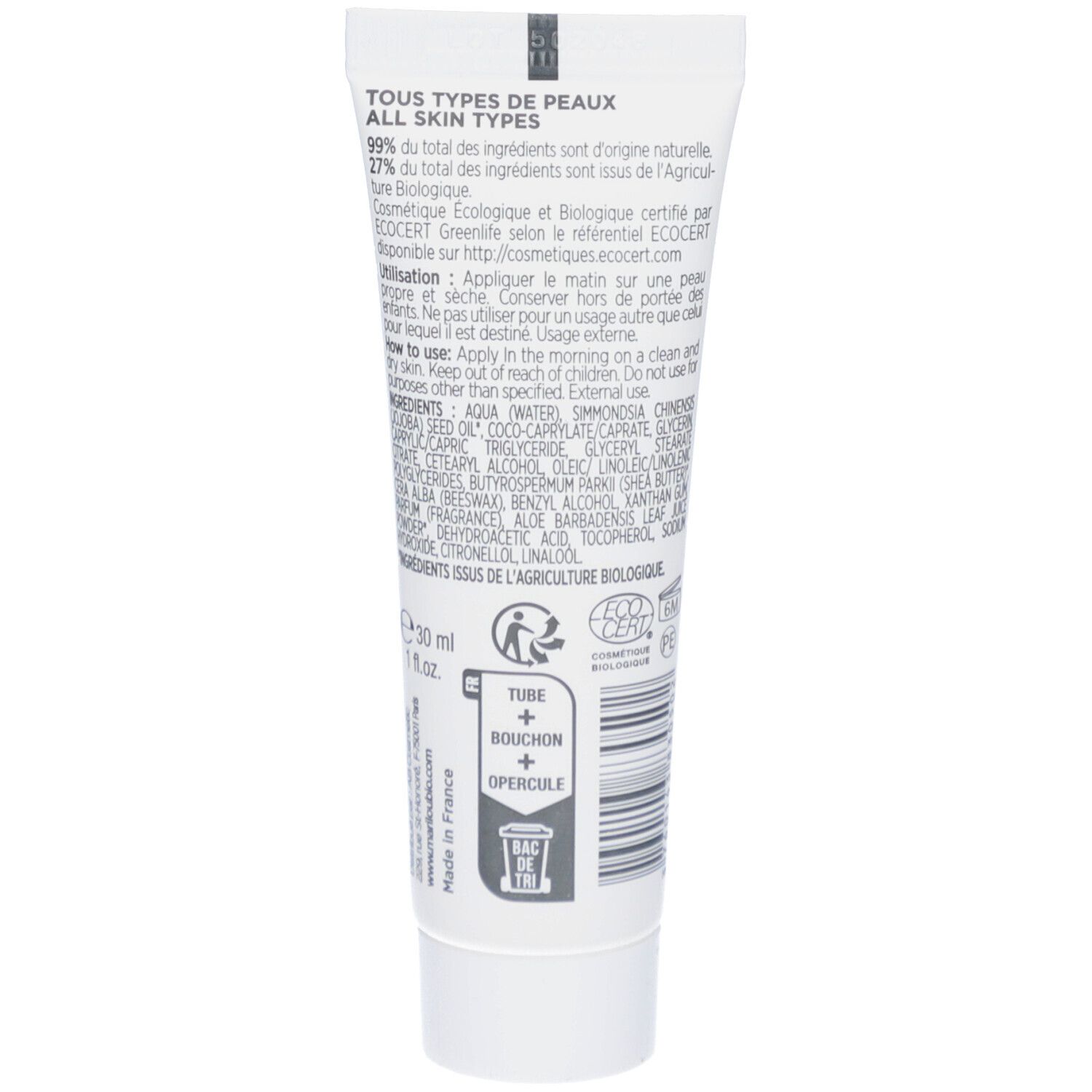 Rückseite der weißen Tube. Text für alle Hauttypen, Inhaltsstoffe und Zertifizierungen. Enthält eine Grafik für die Entsorgung.