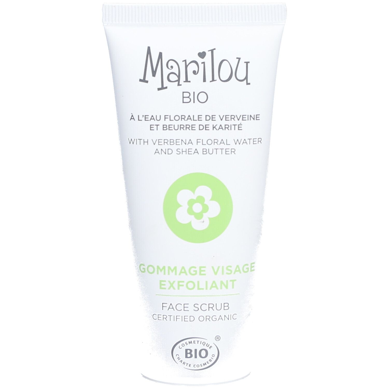 Tube blanc Marilou Bio. Texte: "Gommage visage exfoliant". Certifié bio. Contient de l'eau florale de verveine.