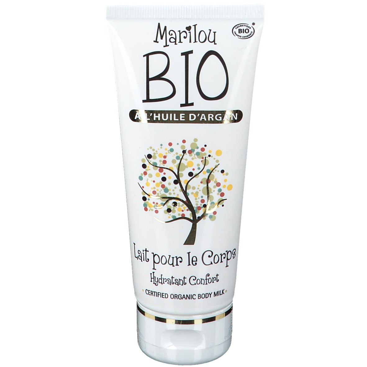 Tube blanc Marilou Bio. Texte "Lait pour le Corps" et "Huile d'Argan". Logo bio et illustration d'arbre.