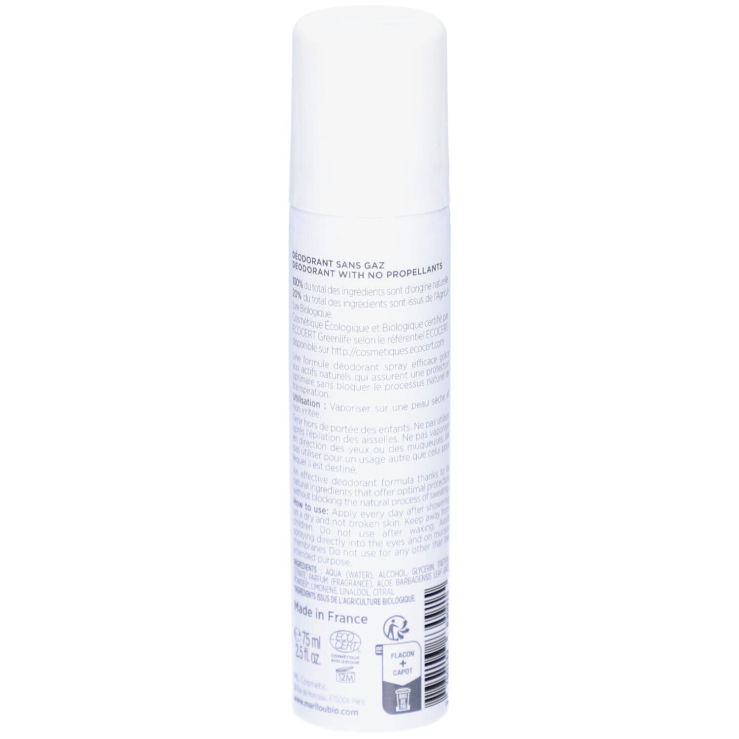 Weißes Deodorant-Spray mit grünem Tee. Rückseite mit Text. Marke Marilou Bio. Mit Deckel. Hergestellt in Frankreich.