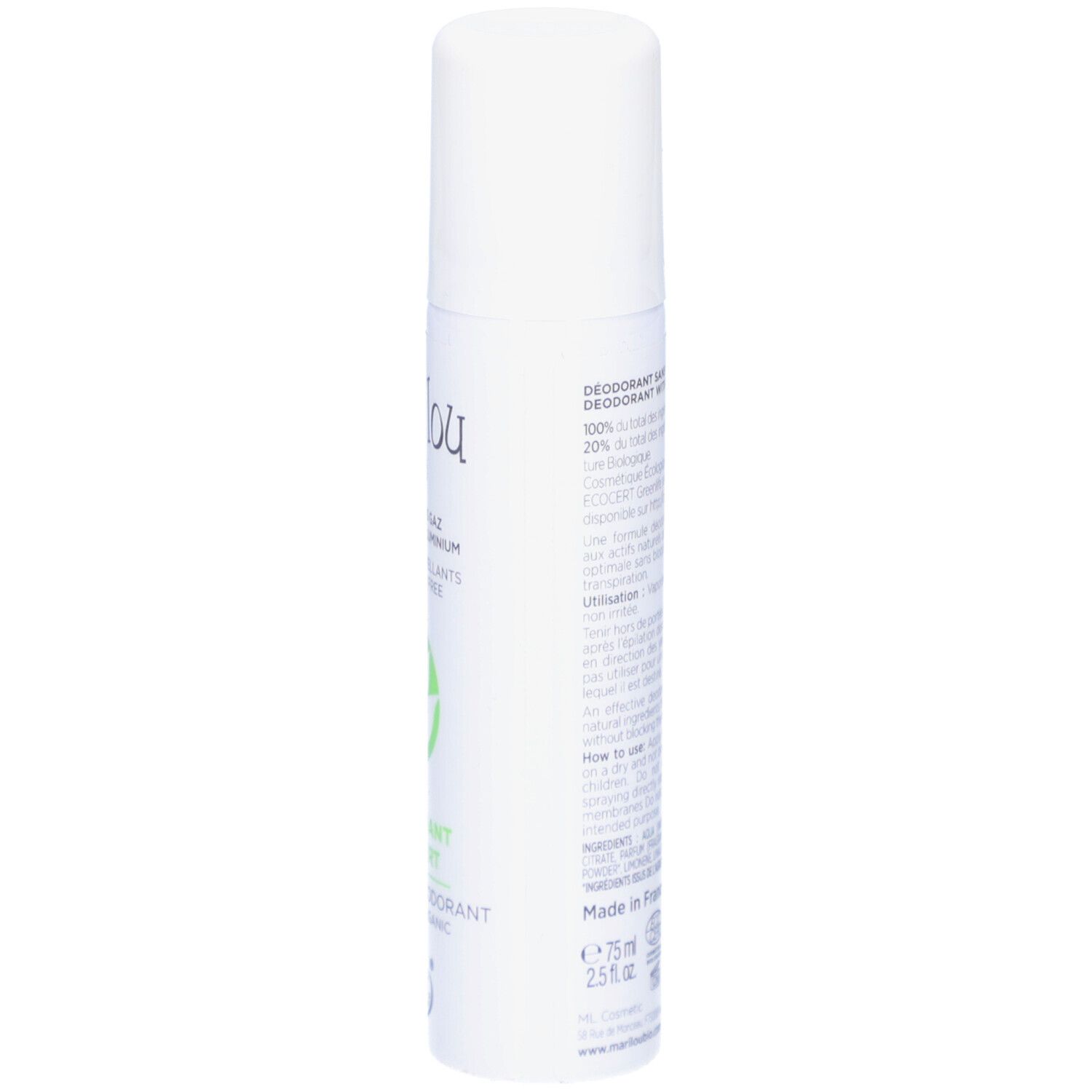 Weißes Deodorant-Spray mit grünem Tee. Rückseite mit Text. Marke Marilou Bio. Mit Deckel. Ohne Gas.