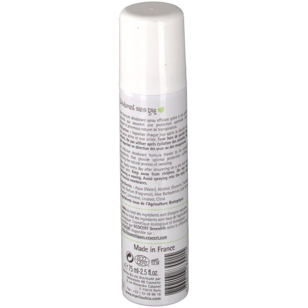 Weißes Deodorant-Spray mit grünem Tee. Rückseite mit Text. Marke Marilou Bio. Mit Deckel. Hergestellt in Frankreich.