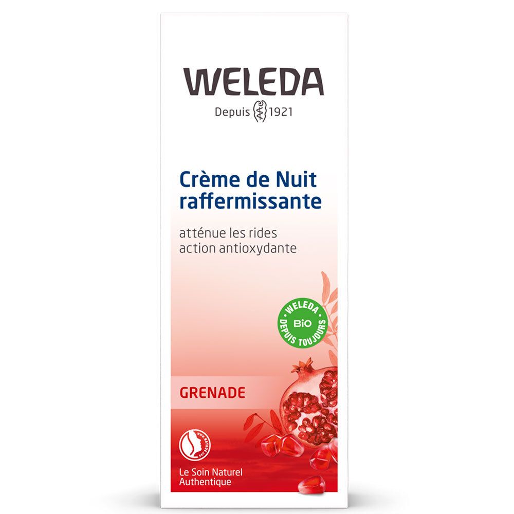 Weleda Nachtcreme Bio-Verpackung. Weißer Karton mit Produktnamen, Granatapfel-Illustration und Bio-Siegel.