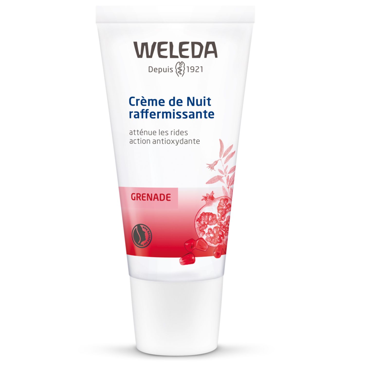 Weleda Nachtcreme Tube. Weiße Tube mit Produktnamen, Granatapfel-Illustration und Schriftzug 'Grenade'.