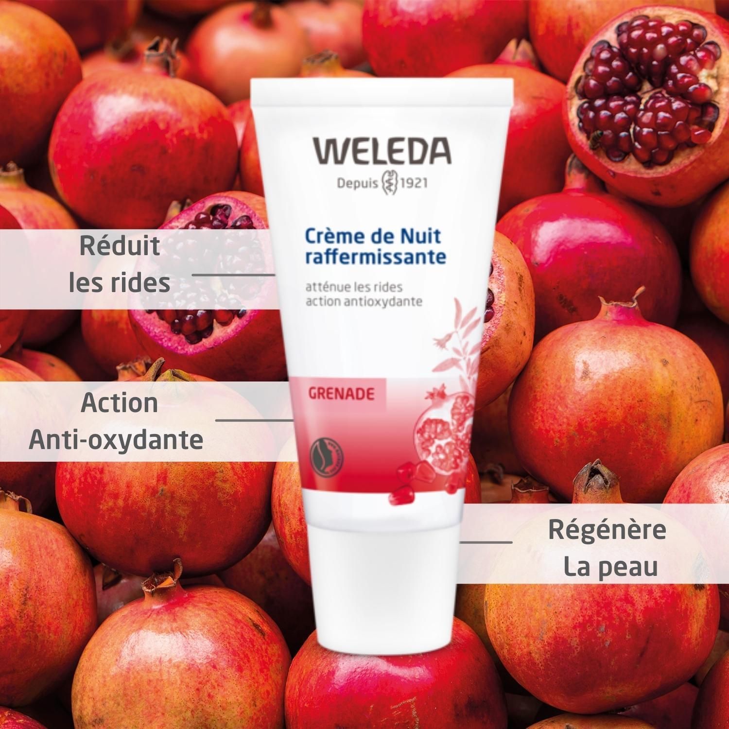 Weleda Nachtcreme Tube vor Granatäpfeln. Tube mit Produktnamen, Text und Granatapfel-Illustration.
