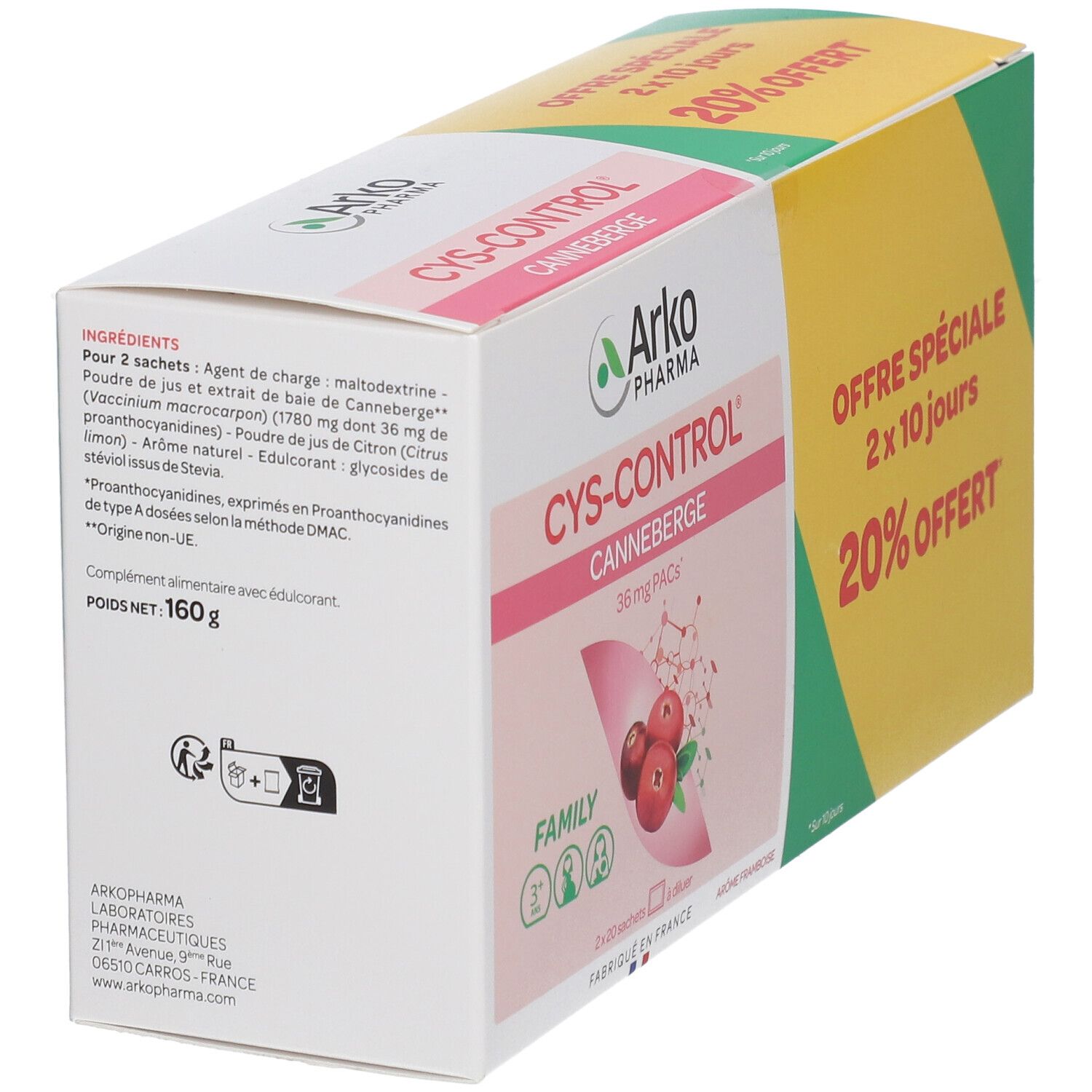 CYS-CONTROL®-Verpackung. Rückseite mit Zutatenliste und Produktinformationen. 160g Nettogewicht.