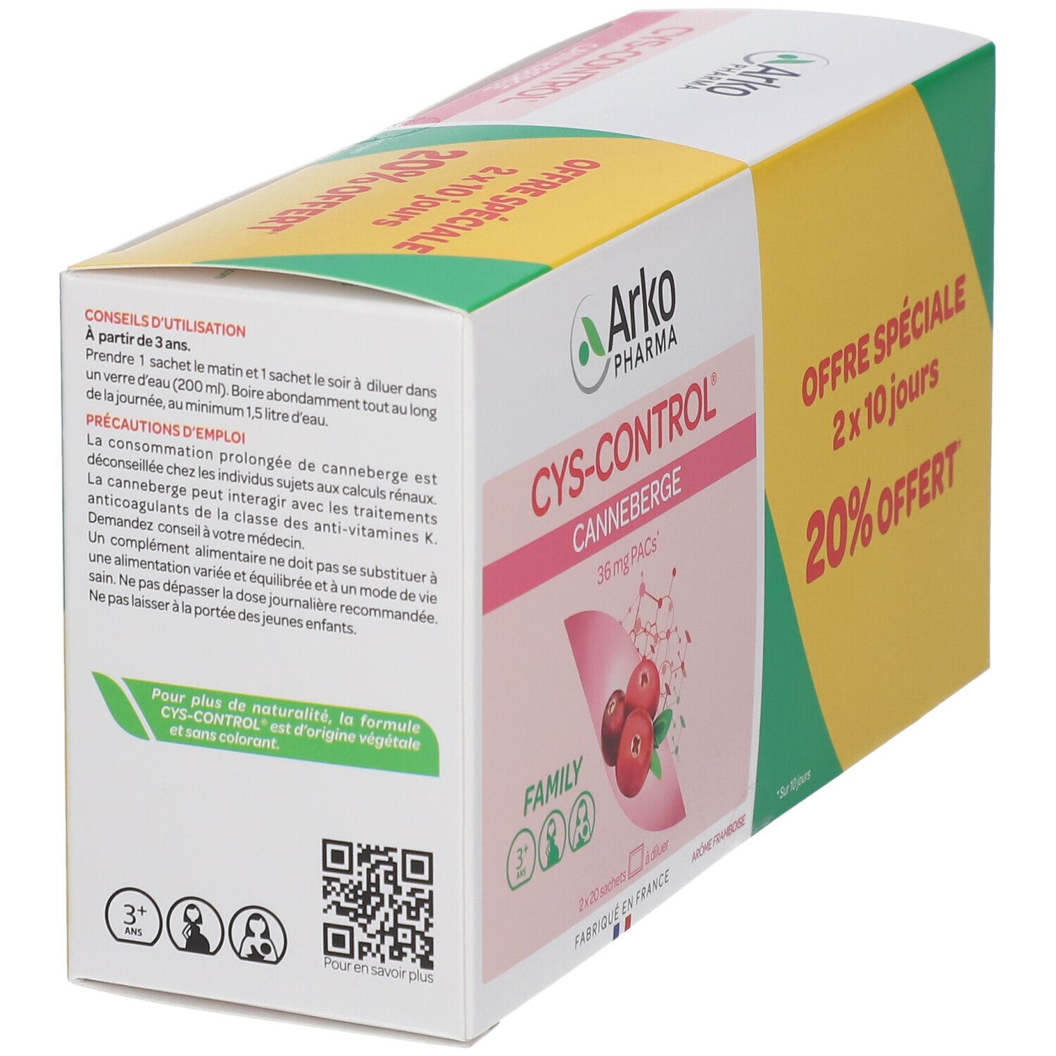 CYS-CONTROL®-Verpackung. Seite mit Anwendungshinweisen und Vorsichtsmaßnahmen. Geeignet ab 3 Jahren.