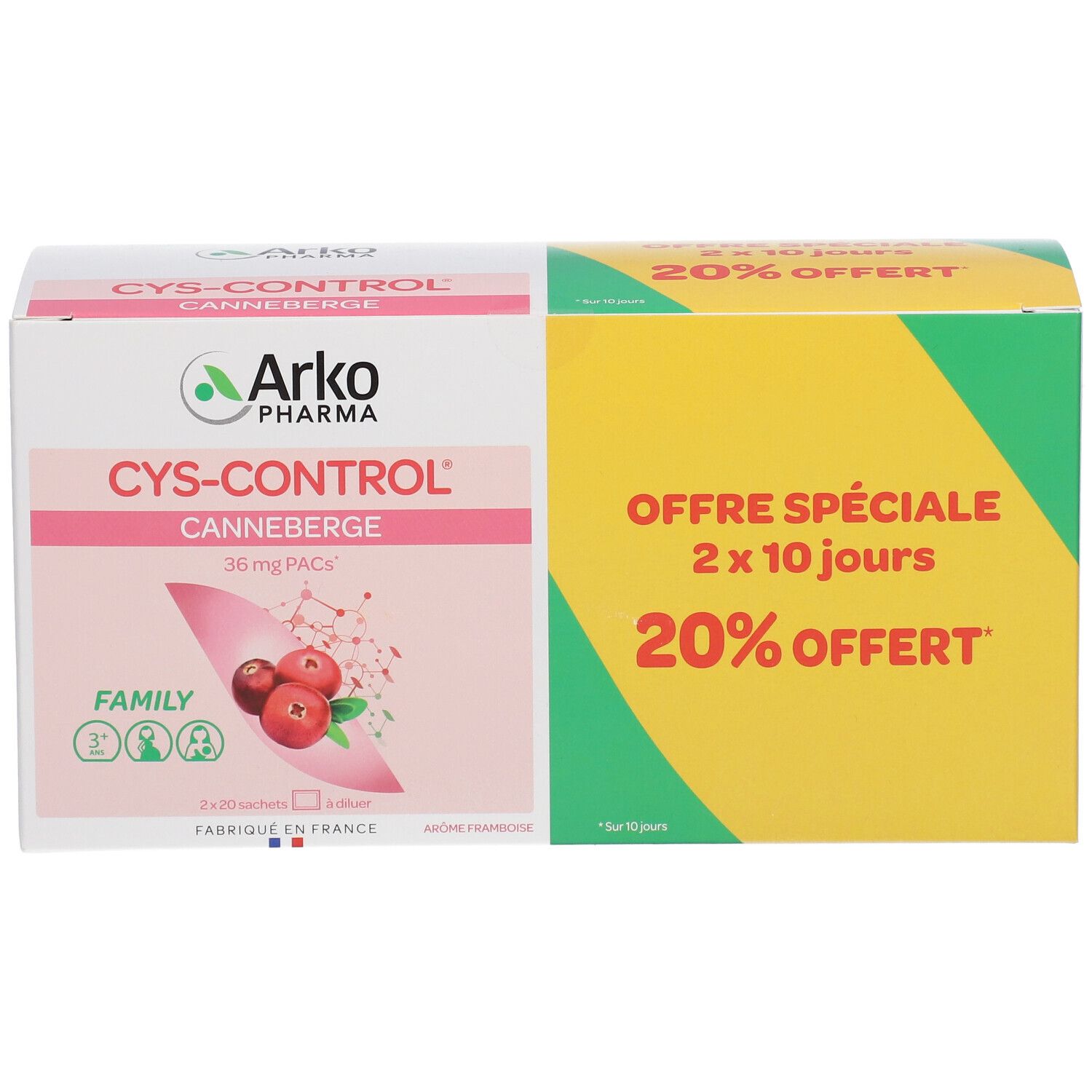 CYS-CONTROL®-Verpackung. Vorderseite mit Produktnamen, Cranberry-Abbildung und 20% Rabatt-Angebot.