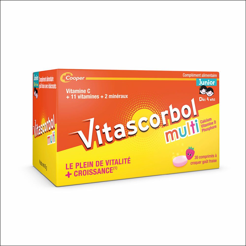 Boîte Vitascorbol Multi Junior. Orange et jaune, nom du produit et comprimé fraise.