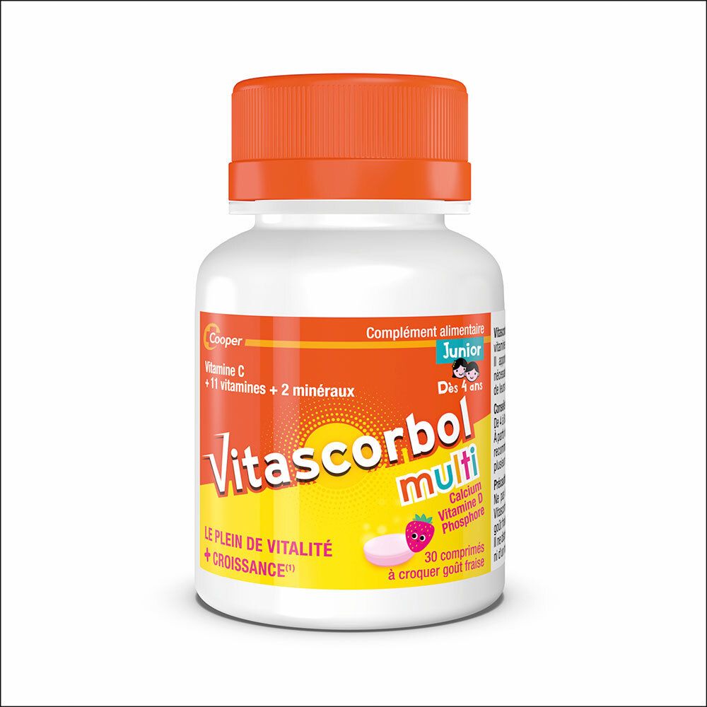 Flacon Vitascorbol Multi Junior. Bouteille blanche, bouchon orange. Nom du produit et comprimé fraise.