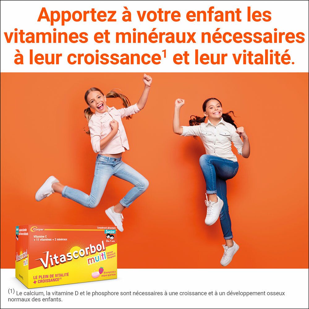 Deux enfants sautent. En arrière-plan, boîte Vitascorbol Multi Junior. Texte sur vitamines et minéraux.