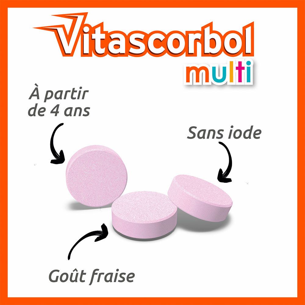 Trois comprimés roses. Texte : 'Goût fraise', 'Sans iode'. Nom du produit Vitascorbol Multi.