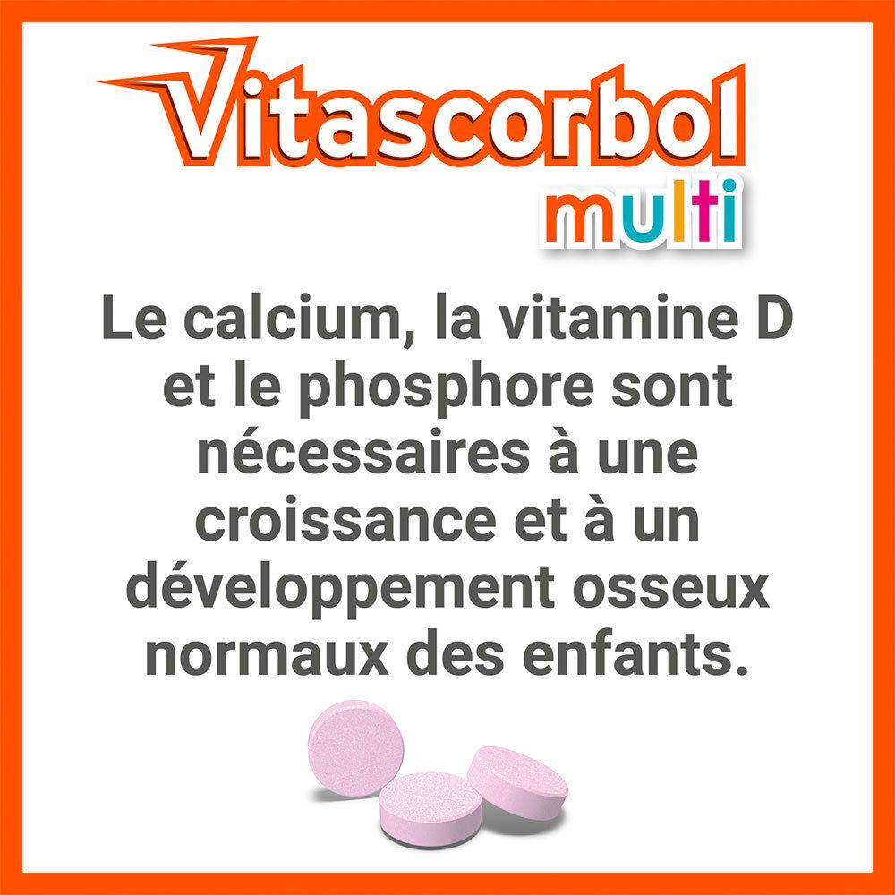 Trois comprimés roses. Texte sur calcium, vitamine D et phosphore pour le développement osseux.