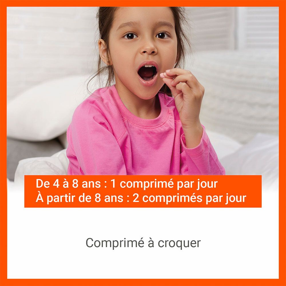 Enfant prend un comprimé. Texte : dosage pour enfants de 4 et 8 ans. 'Comprimé à croquer'.