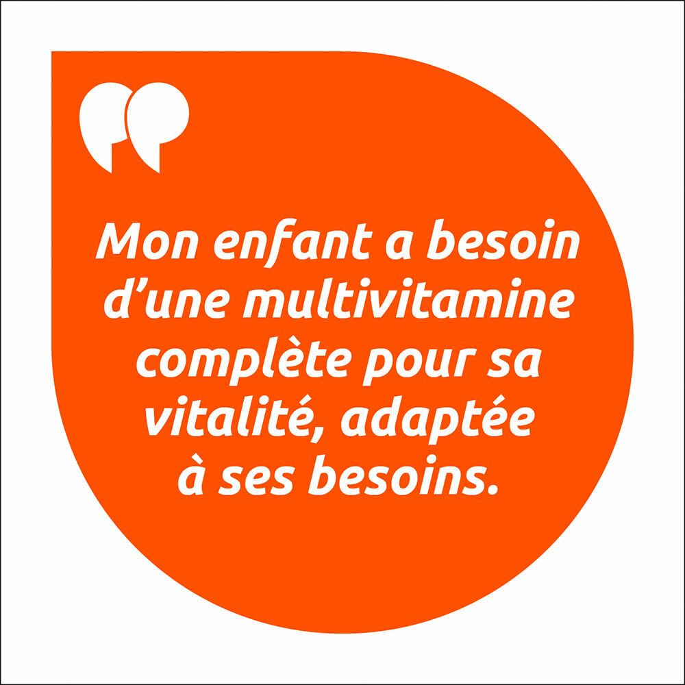 Texte dans une bulle : enfant a besoin d'une multivitamine pour la vitalité, adaptée aux besoins.