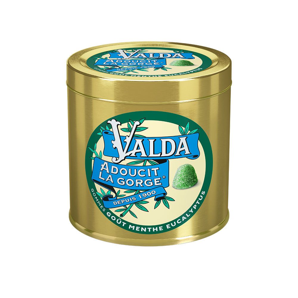 Goldene Valda Dose mit Minze und Eukalyptus Kaugummis. "Adoucit la gorge" Aufschrift.