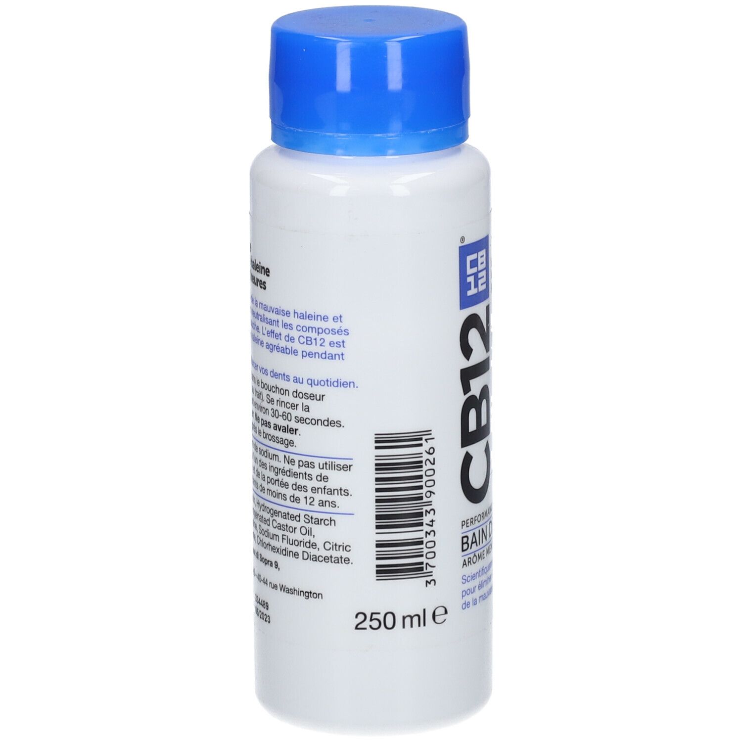 CB12 Mundwasserflasche, 250 ml, mit blauem Deckel. Enthält Informationen zu Inhaltsstoffen und Anwendung.