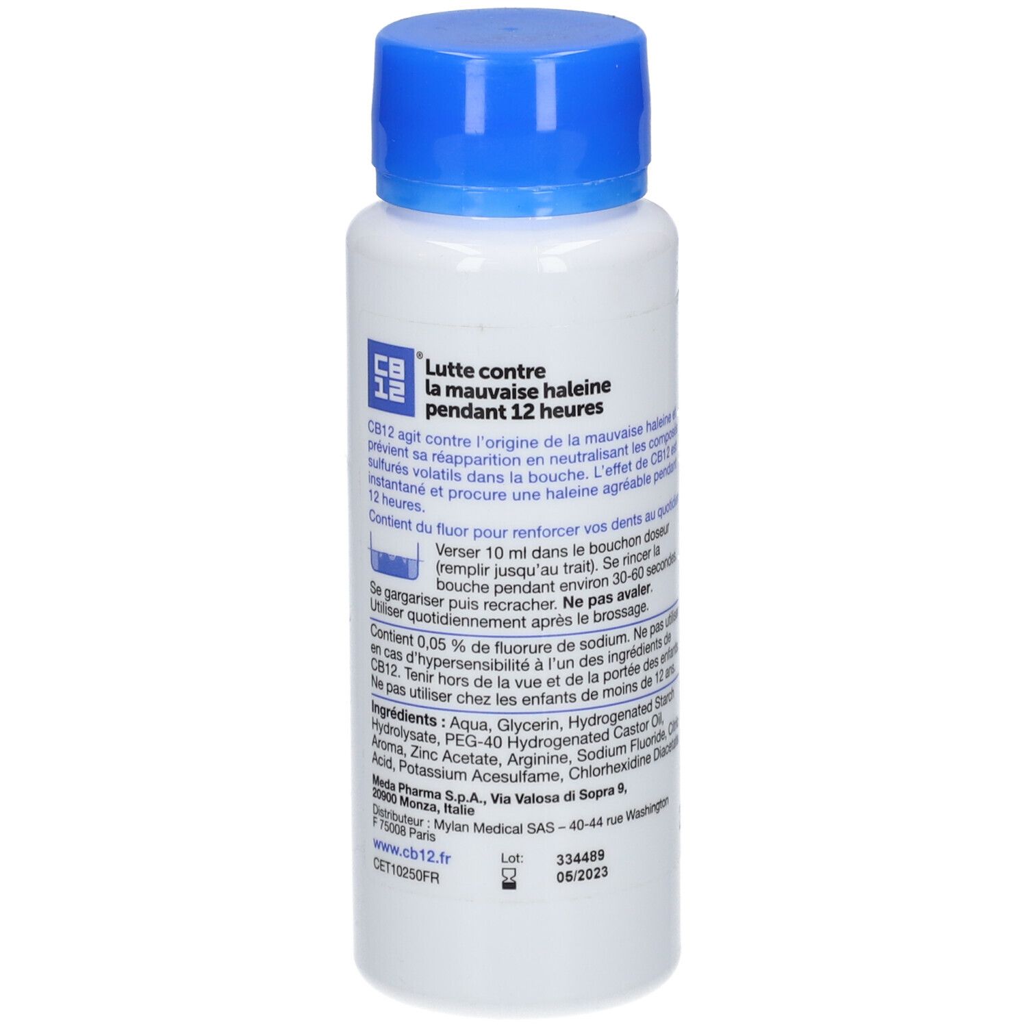 Rückseite der CB12 Mundwasserflasche, 250 ml. Zeigt Inhaltsstoffe, Anwendungshinweise und Verfallsdatum.