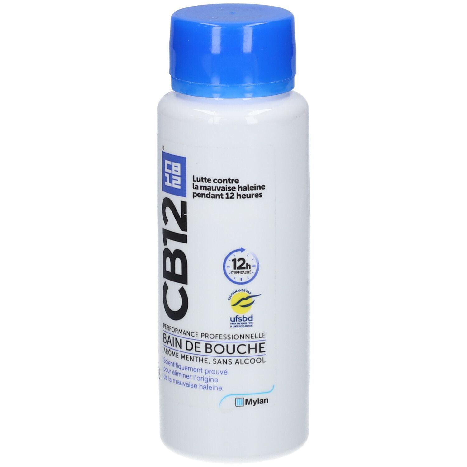CB12 Mundwasserflasche mit blauem Deckel. Zeigt das Logo, die 12-Stunden-Wirkung und "Performance Professionnelle".