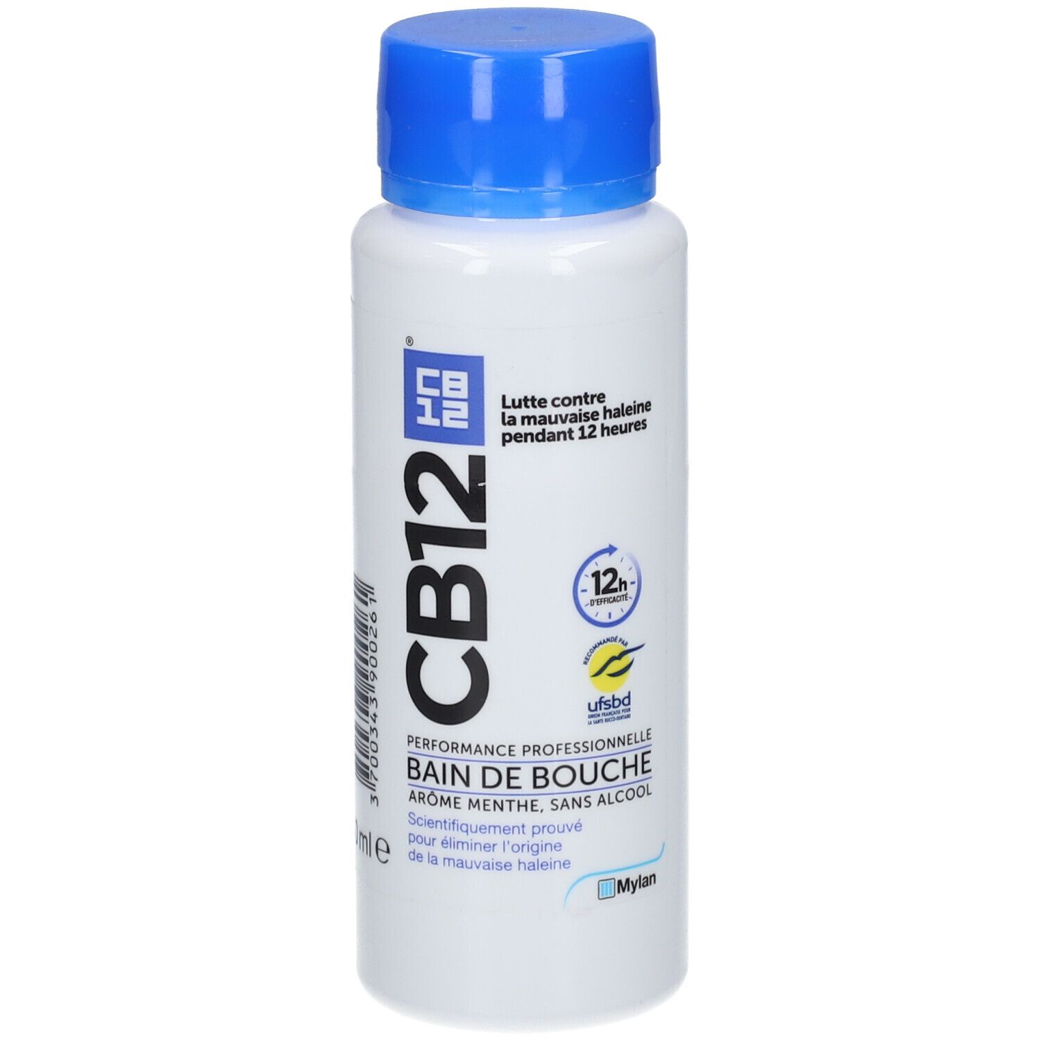 CB12 Mundwasserflasche, mint, ohne Alkohol. Mit Logo, 12h-Symbol und "Mylan"-Schriftzug.