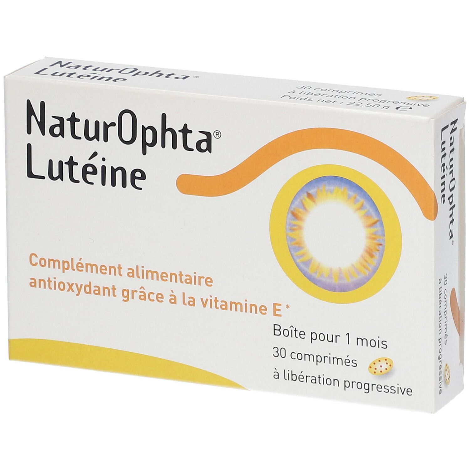 Boîte de NaturOphta Lutéine. Complément alimentaire avec vitamine E. Contient 30 comprimés à libération progressive.