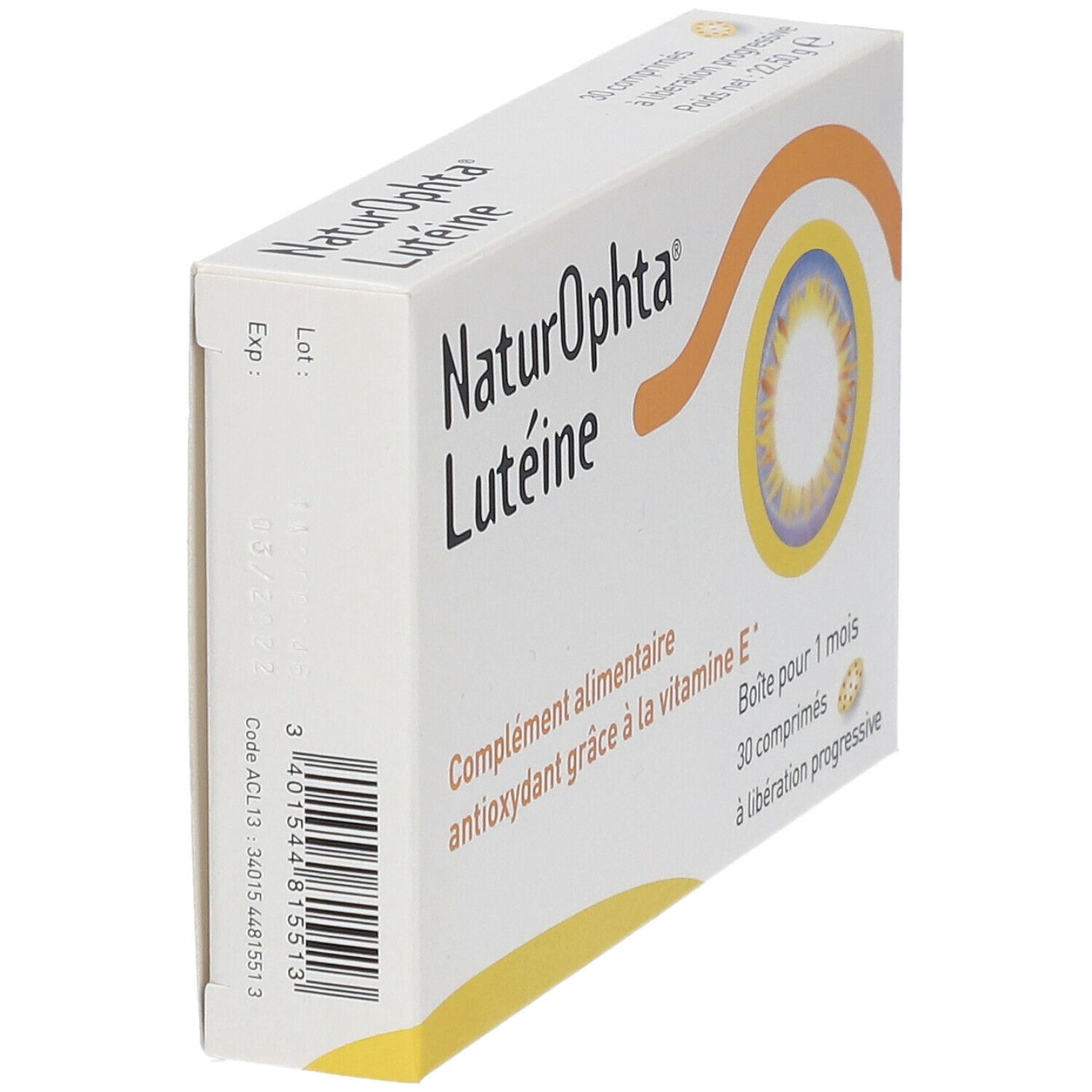 Vue en biais de la boîte NaturOphta Lutéine. Complément alimentaire avec vitamine E. Contient 30 comprimés.