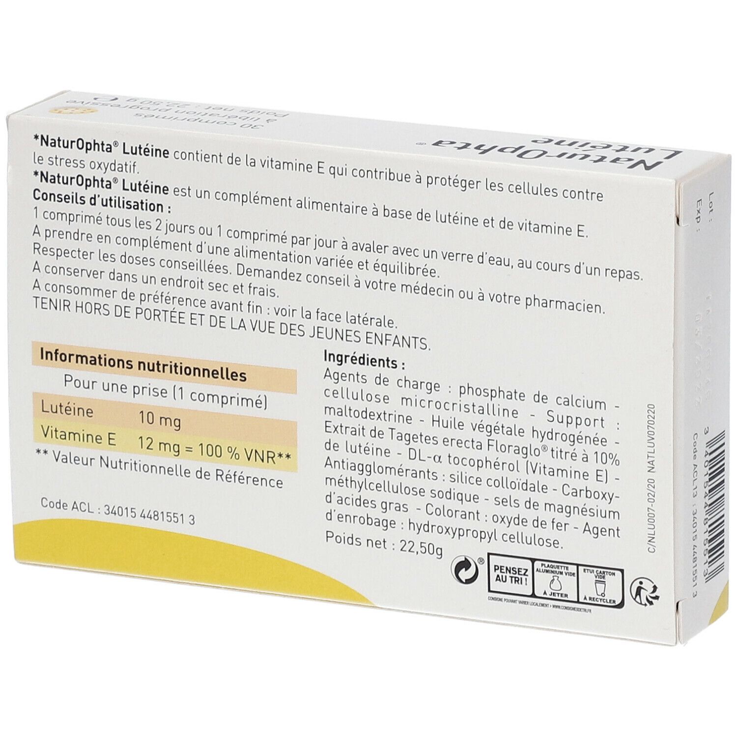Dos de la boîte NaturOphta Lutéine. Informations sur les ingrédients et la valeur nutritionnelle par comprimé.