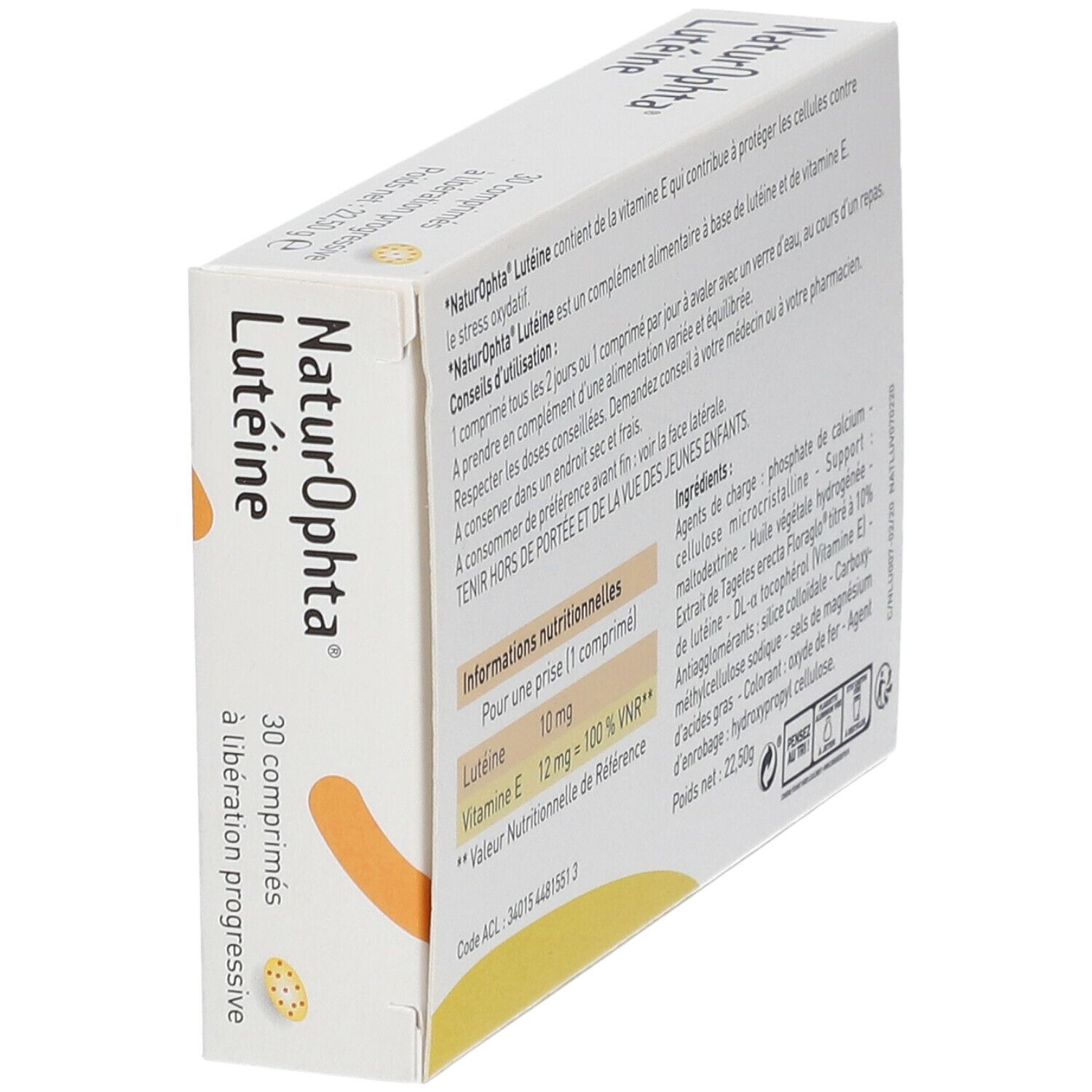 Vue en biais du dos de la boîte NaturOphta Lutéine. Informations sur les ingrédients et la valeur nutritionnelle.