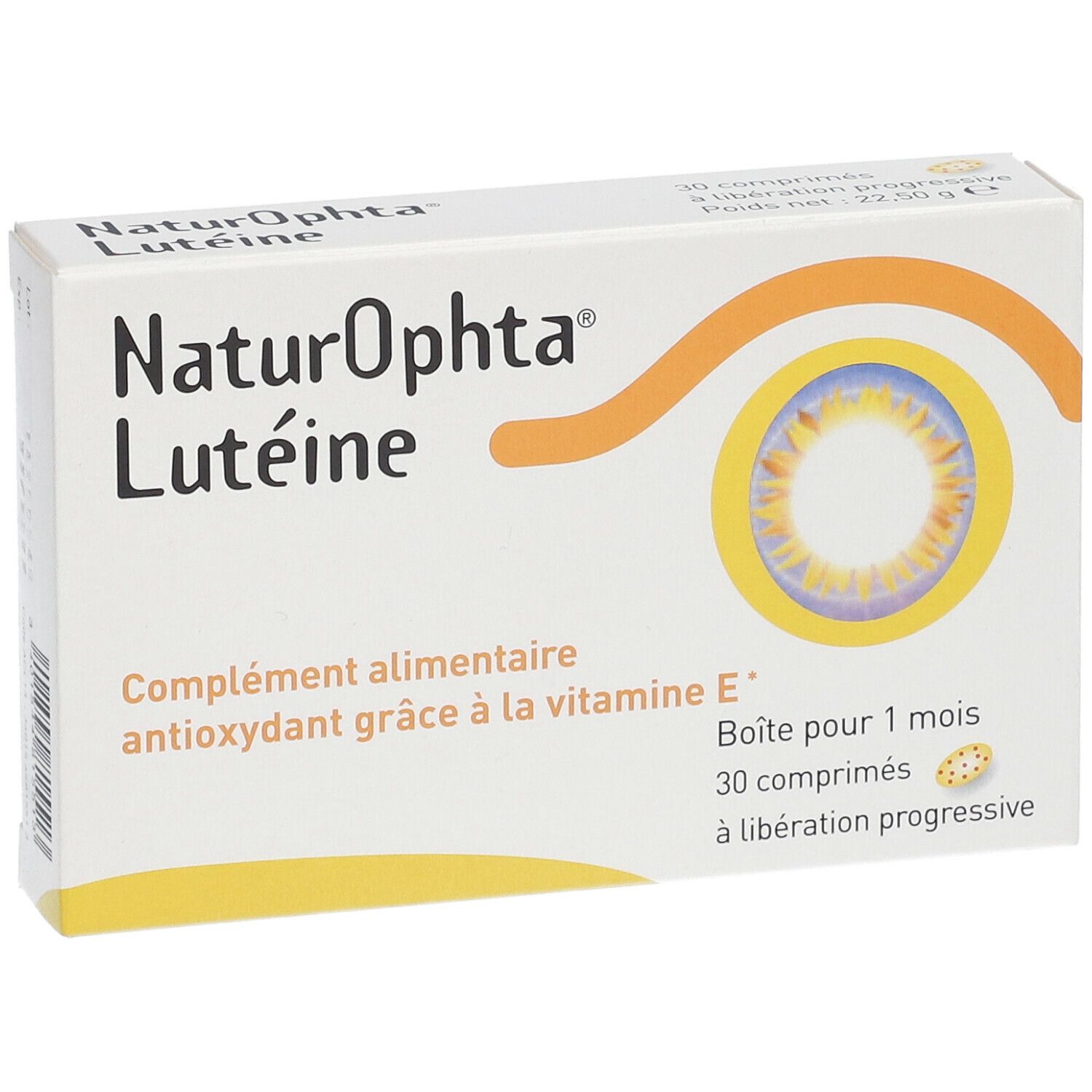 Boîte de NaturOphta Lutéine. Complément alimentaire avec vitamine E. Contient 30 comprimés à libération progressive.
