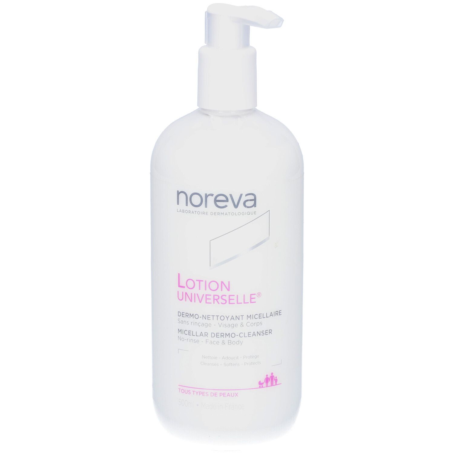 Weiße Flasche mit Pumpe. Aufschrift: Noreva, Lotion Universelle, Dermo-Nettoyant Micellaire, Micellar Dermo-Cleanser. Für Gesicht & Körper.