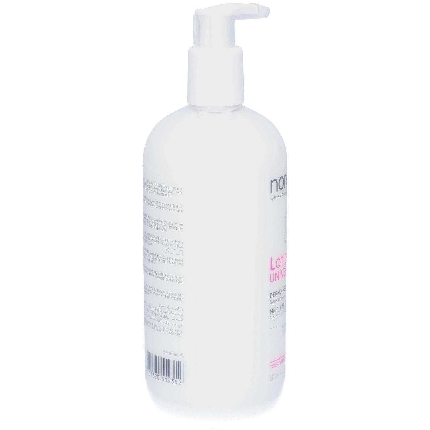 Weiße Flasche mit Pumpe. Rückseite mit Text. Produktname nicht sichtbar. Barcode und andere Informationen.