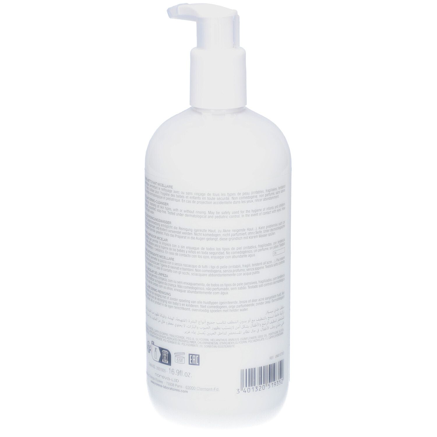 Weiße Flasche mit Pumpe. Rückseite mit Text. Produktname nicht sichtbar. Barcode und andere Informationen.