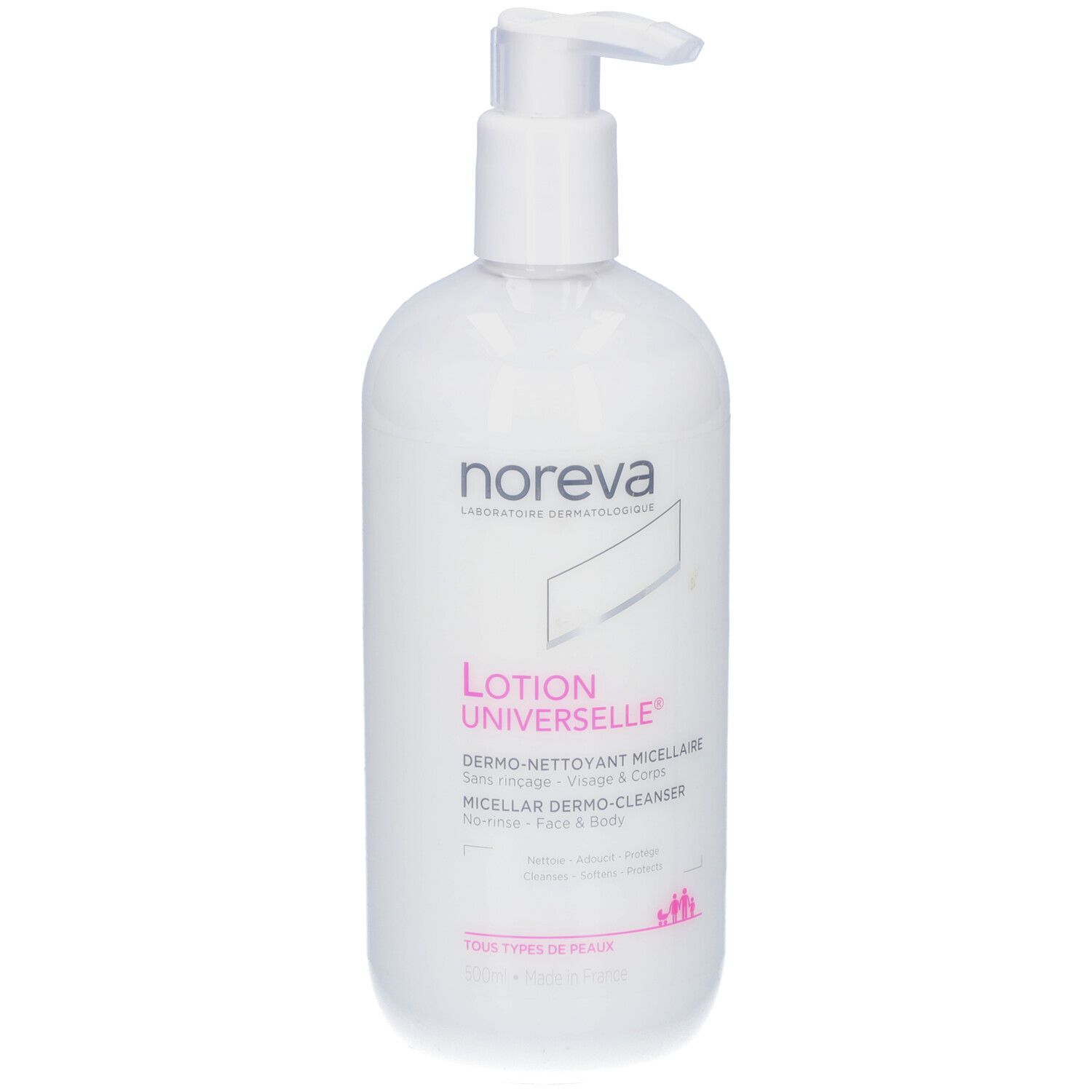 Weiße Flasche mit Pumpe. Aufschrift: Noreva, Lotion Universelle, Dermo-Nettoyant Micellaire, Micellar Dermo-Cleanser. Für Gesicht & Körper.