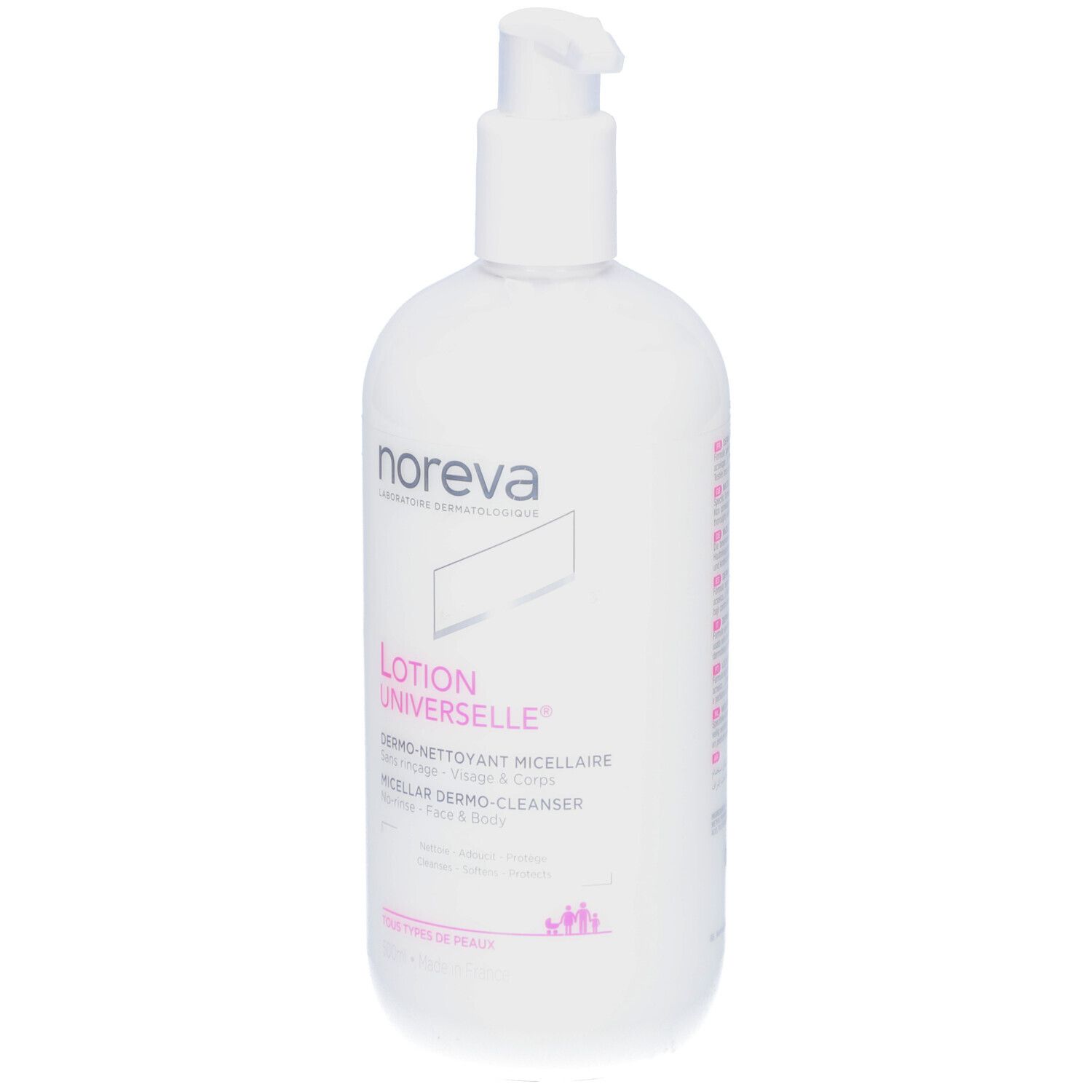 Weiße Flasche mit Pumpe. Aufschrift: Noreva, Lotion Universelle, Dermo-Nettoyant Micellaire, Micellar Dermo-Cleanser. Für Gesicht & Körper.