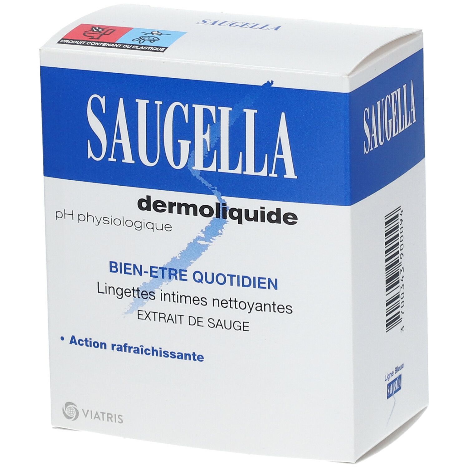 Weißer Karton mit blauem Streifen. Aufschrift SAUGELLA dermoliquide. pH physiologigue. Bien-être quotidien. Lingettes intimes nettoyantes. Extrait de sauge.