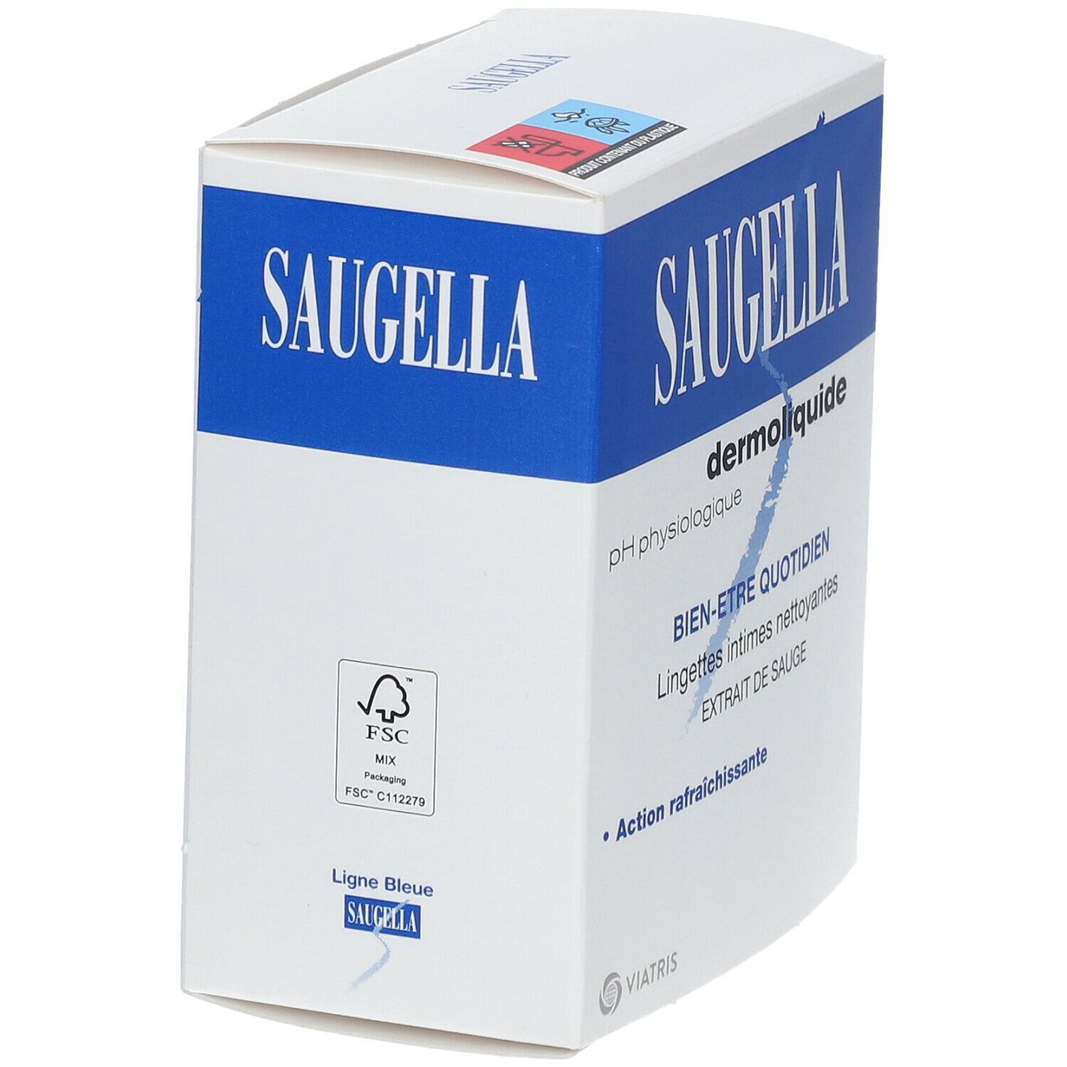 Weißer Karton mit blauem Streifen. Aufschrift SAUGELLA dermoliquide. FSC-Logo. Aufschrift Ligne Bleue. Viatris Logo.