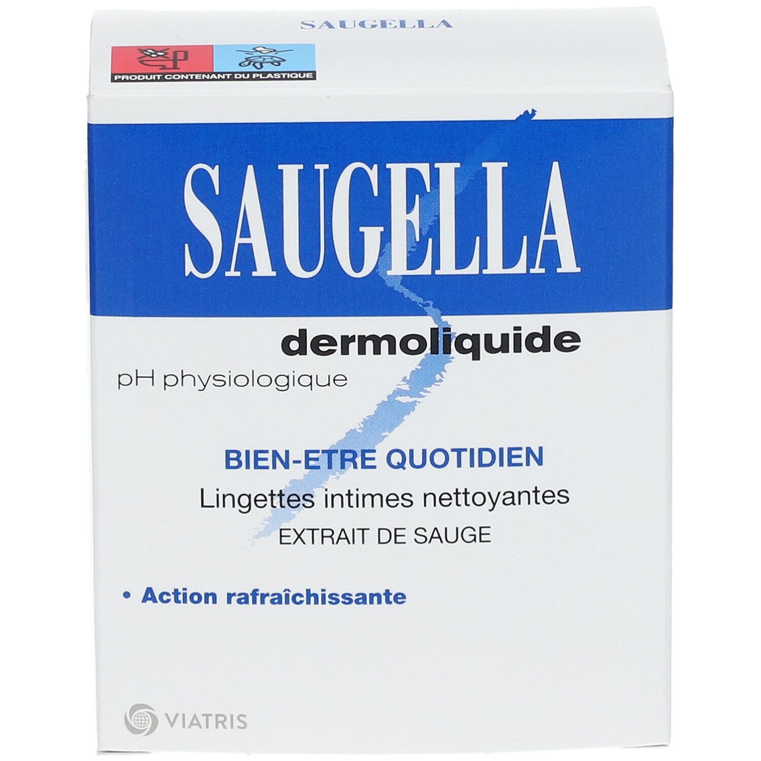 Weißer Karton mit blauem Streifen. Aufschrift SAUGELLA dermoliquide. pH physiologigue. Bien-être quotidien. Lingettes intimes nettoyantes. Extrait de sauge.