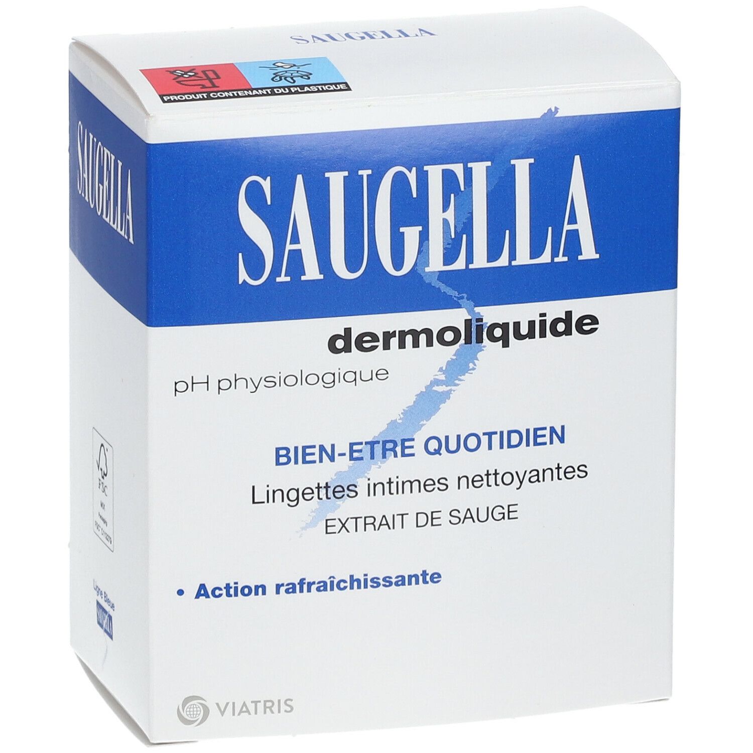 Weißer Karton mit blauem Streifen. Aufschrift SAUGELLA dermoliquide. pH physiologigue. Bien-être quotidien. Lingettes intimes nettoyantes. Extrait de sauge.